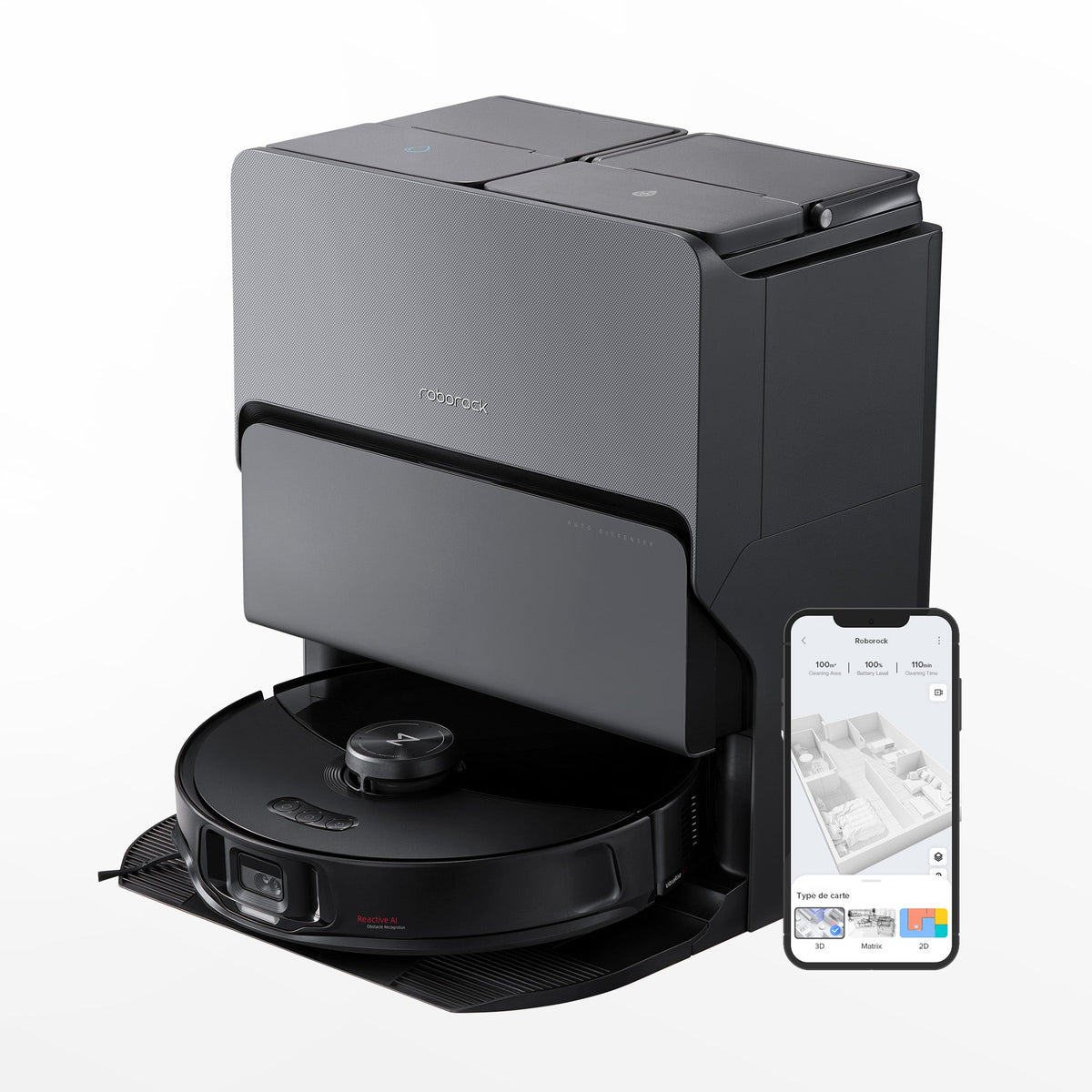 Roborock S8 MaxV Ultra robot aspirateur laveur fond blanc studio