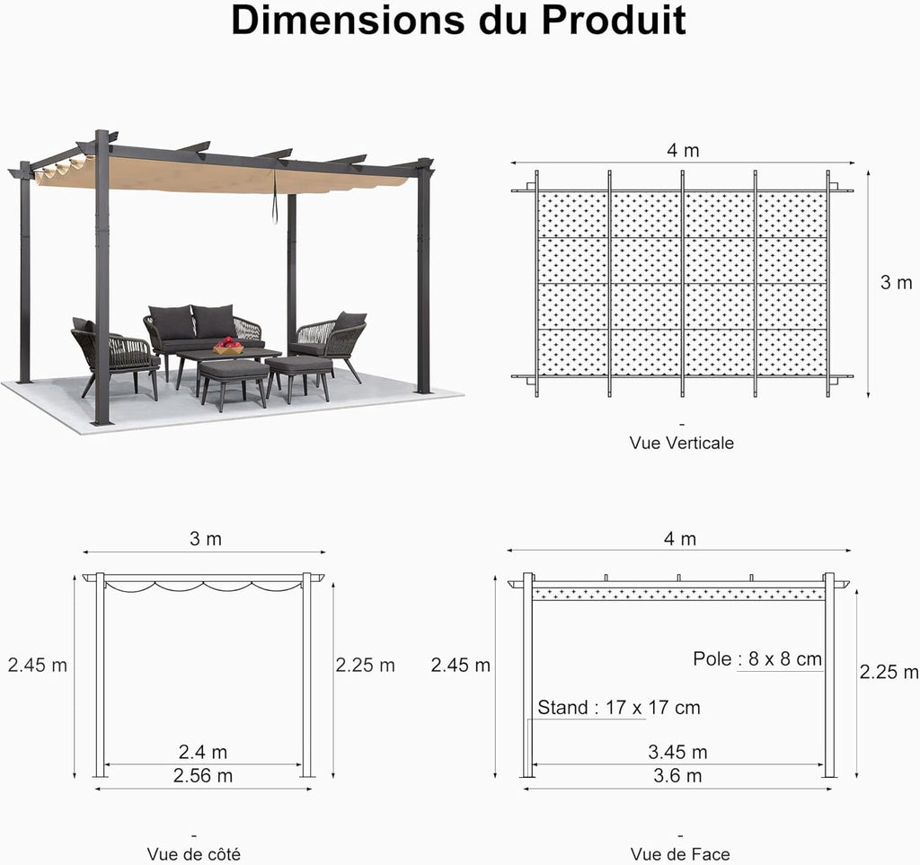 PURPLE LEAF 4x3m Pergola Aluminium Réglable avec Éclairage LED