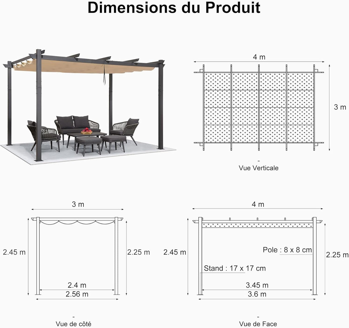 PURPLE LEAF 4x3m Pergola Aluminium Réglable avec Éclairage LED