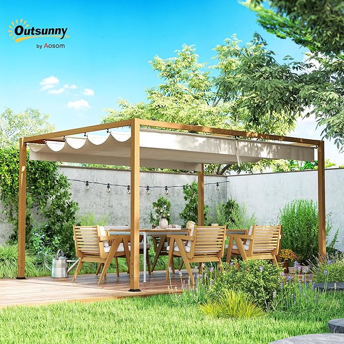 Outsunny Pergola Aluminium Retractable 4x3m Toit Polycarbonate Ajustable