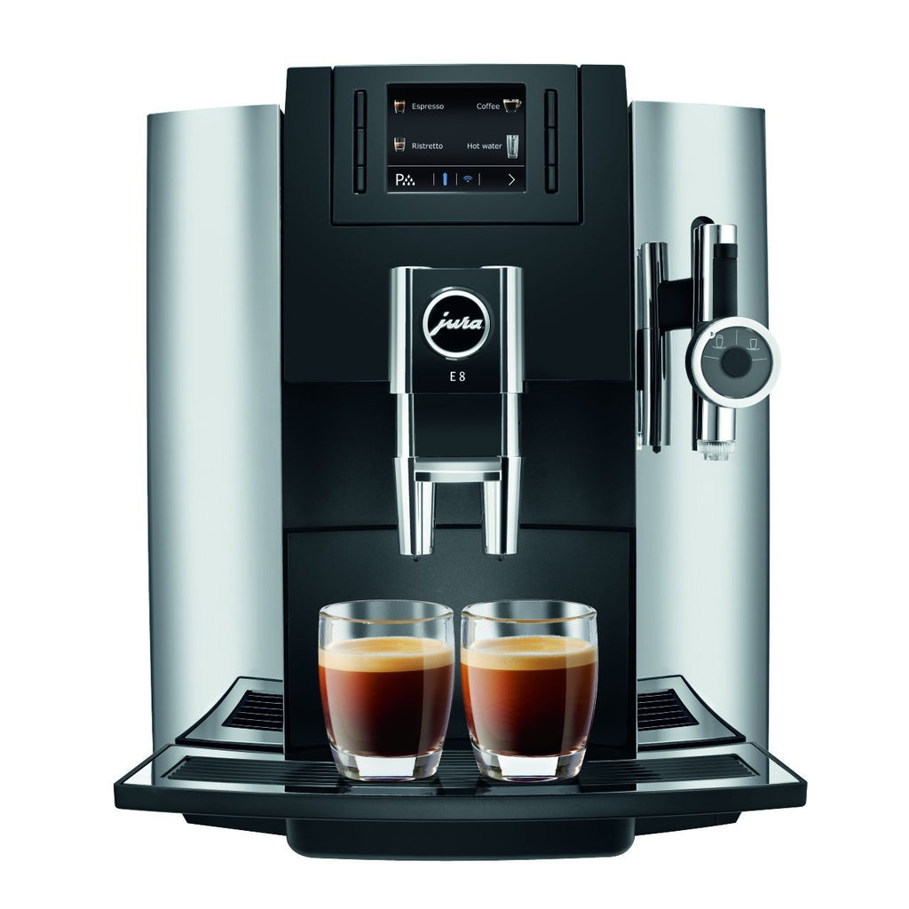 Jura E8 machine à café automatique grain chromé fond blanc