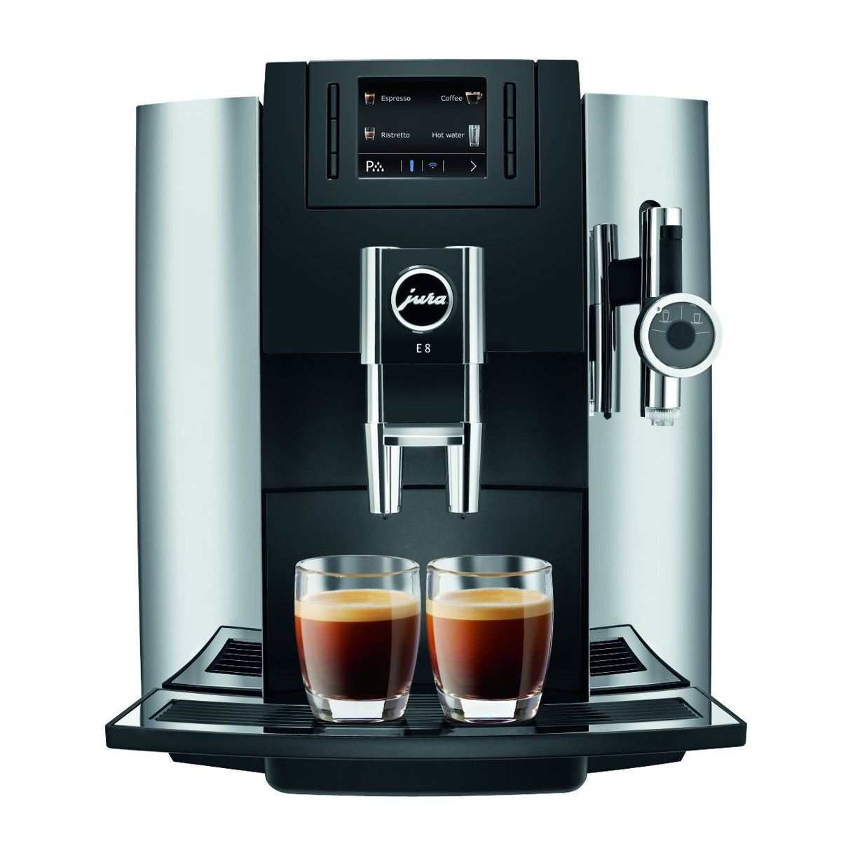Jura E8 machine à café automatique grain chromé fond blanc